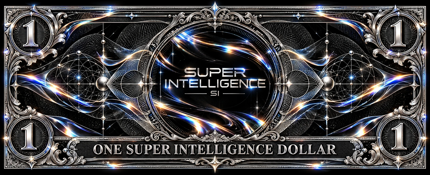 Ornate platinum ONE SUPER INTELLIGENCE DOLLAR banknote with silver engraving and electric-blue light